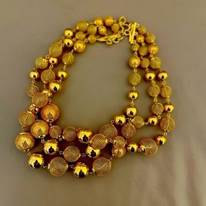 VINTAGE MONET MASSIVE RUNWAY TRIPLE STRANDS GRADUATING GOLD BEAD NECKLACE
